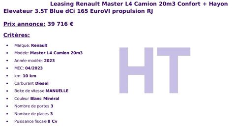 Master L4 Camion 20m³ Confort + Hayon Elevateur 3.5T Blue dCi 165 E 2023 occasion 49070 Saint-Lambert-la-Potherie