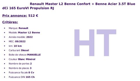 Master L2 Benne Confort + Benne Acier 3.5T Blue dCi 165 EuroVI Prop 2022 occasion 49070 Saint-Lambert-la-Potherie