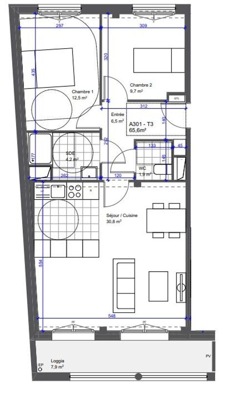   3 Pi�ces 3P 65m2 loggia 8m2 Sud Ouest 1 PK Appartement - 3 pi�ce(s) - 65 m�