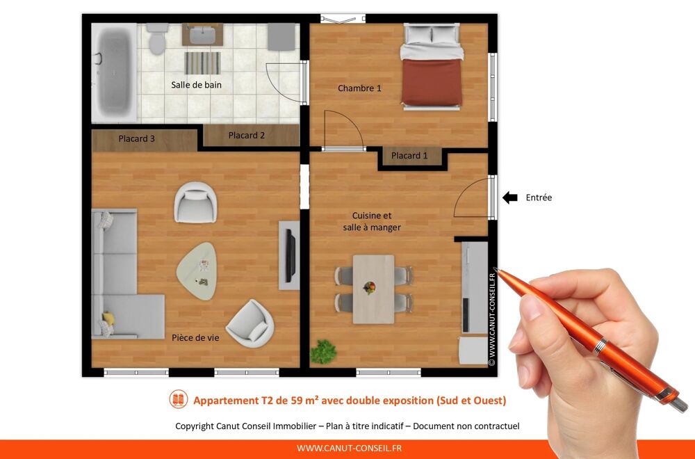 Grand T2/T3 de 59 m² (DPE : D)