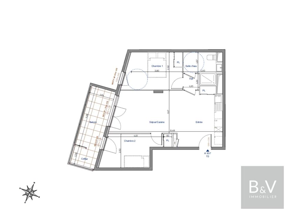 Bel appartement 3 pièces lumineux de 58 m² avec balcon