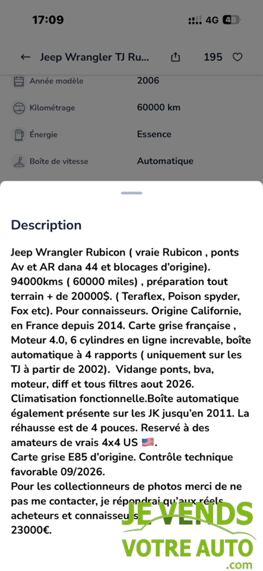 Wrangler RUBICON 4.0 L 6 Cylindres 178 CV 2006 occasion 89380 Appoigny