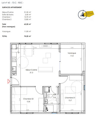  Appartement � vendre 3 pi�ces 74 m�