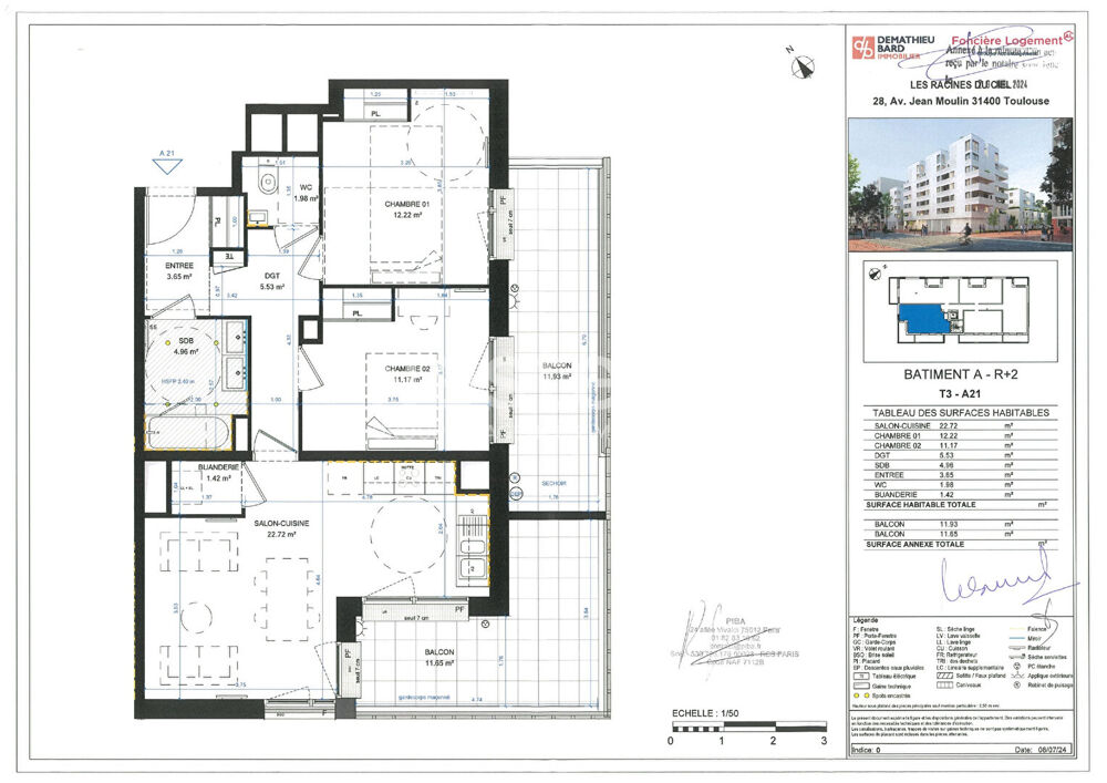 Location Appartement Toulouse 31400 EMPALOT T3 NEUF de 63.65m²  avec deux terrasses de 11.93 et 11.65m² , une place de parking en sous sol Toulouse