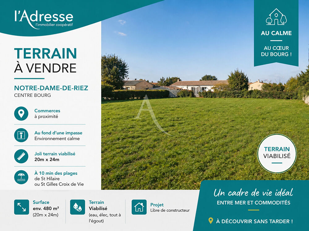 Vente Terrain Terrain à vendre ? Au calme, en plein bourg de Notre-Dame-de-Riez 550 m2 Notre dame de riez