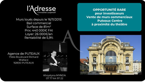 Vente murs commerciaux lou&eacute;s (26 000 / an)/Centre ville PUTEAUX 440000 92800 Puteaux