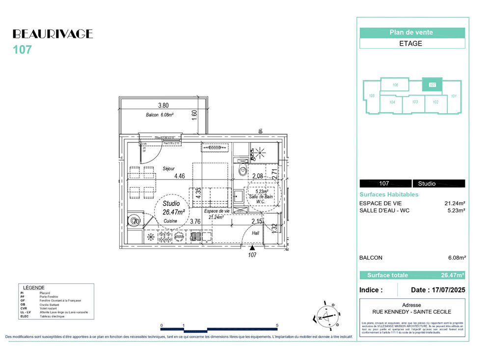 Studio Sainte Cécile studio 26.47m² balcon 6m²