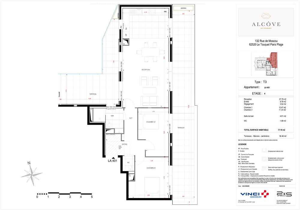 Appartement Le Touquet Paris Plage 3 pièces 77.10 m² + terrasses 56.46 m²