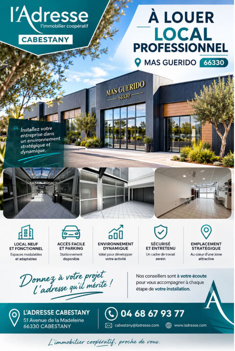 LOUE LOCAL DE 33 M&sup2; PROFESSIONNEL COMMERCIAL OU BUREAU MAS GUERIDO 470 66330 Cabestany
