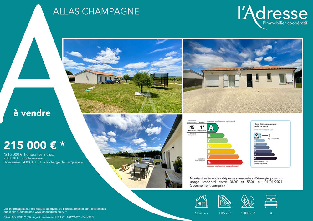 Vente Maison Maison de plain pied  proche Jonzac 105 M² Allas champagne