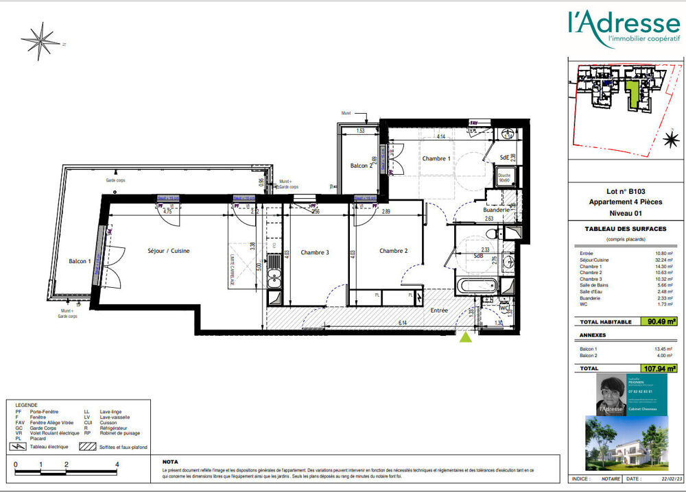 4 Pièces 90,5m² + Balcon Sud et PK