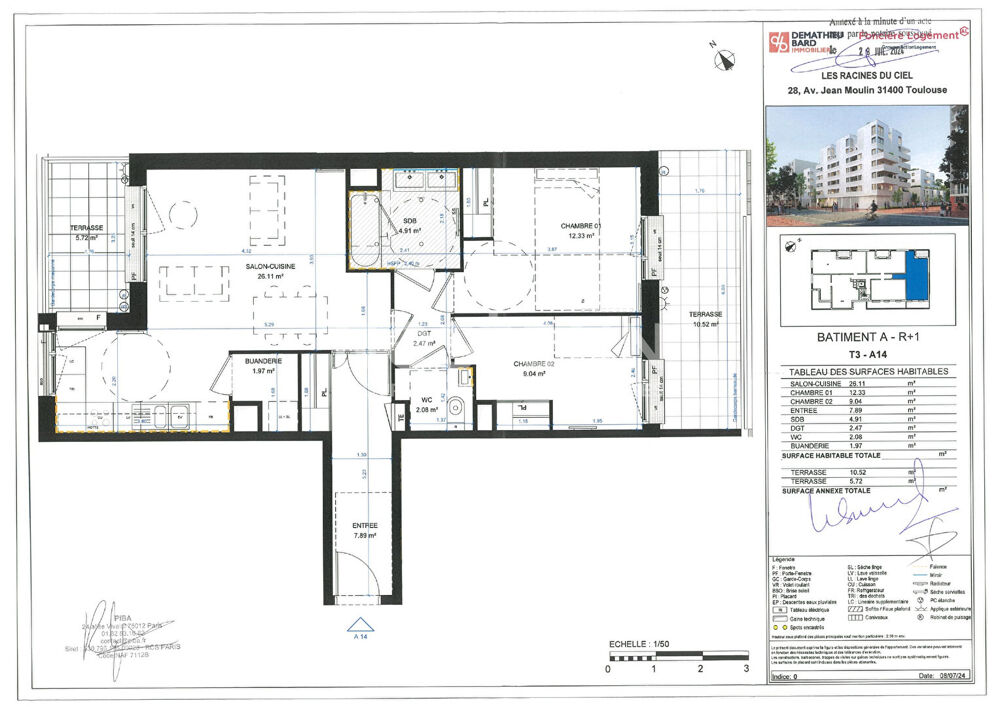Location Appartement Toulouse 31400 EMPALOT T3 NEUF de 66.8m²  avec deux terrasses de 10.52 et 5.72m² , une place de parking en sous sol Toulouse