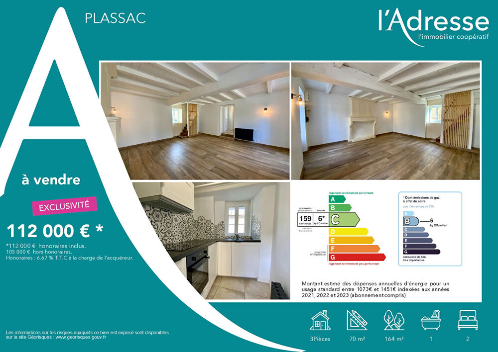 Vente Maison Maison Plassac 3 pi�ce(s) 70 m2  terrasse et garages Plassac