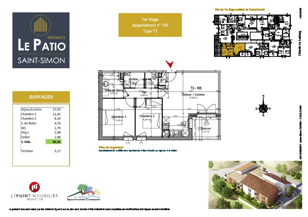 Location Appartement Toulouse 31100 Chemin de Lestang SANS FRAIS D'AGENCE Agréable T3 récent Exposé PLEIN SUD Neuf BBC de 60.01m² , terrasse de 5.17m Toulouse