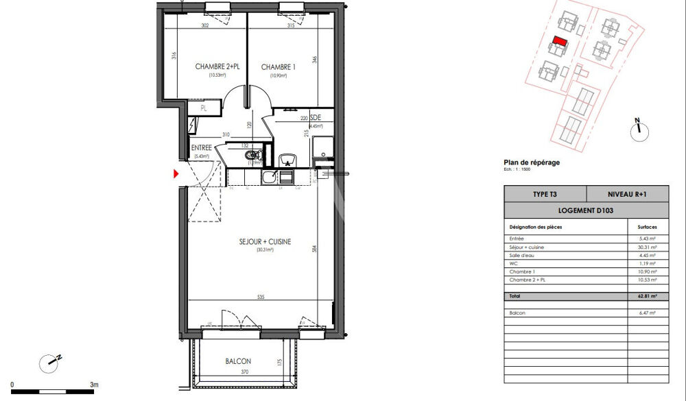 Appartement T3 dernier étage avec balcon à St Sylvain D'Anjou