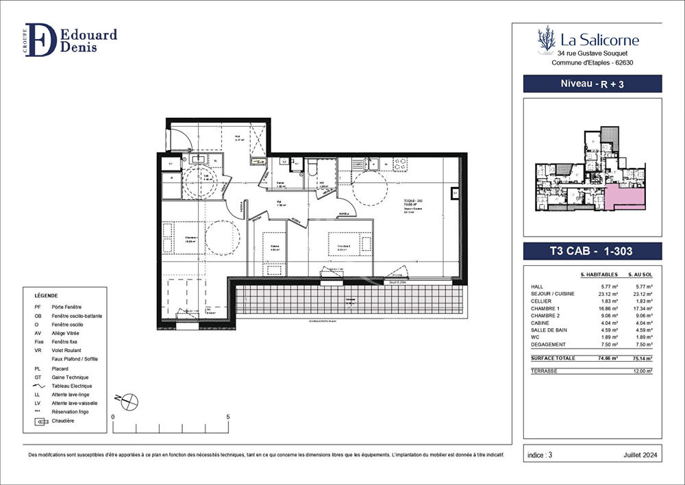 Vente Appartement Appartement Etaples 3 pièces + cabine 74.66m² + terrasse 12m² Etaples