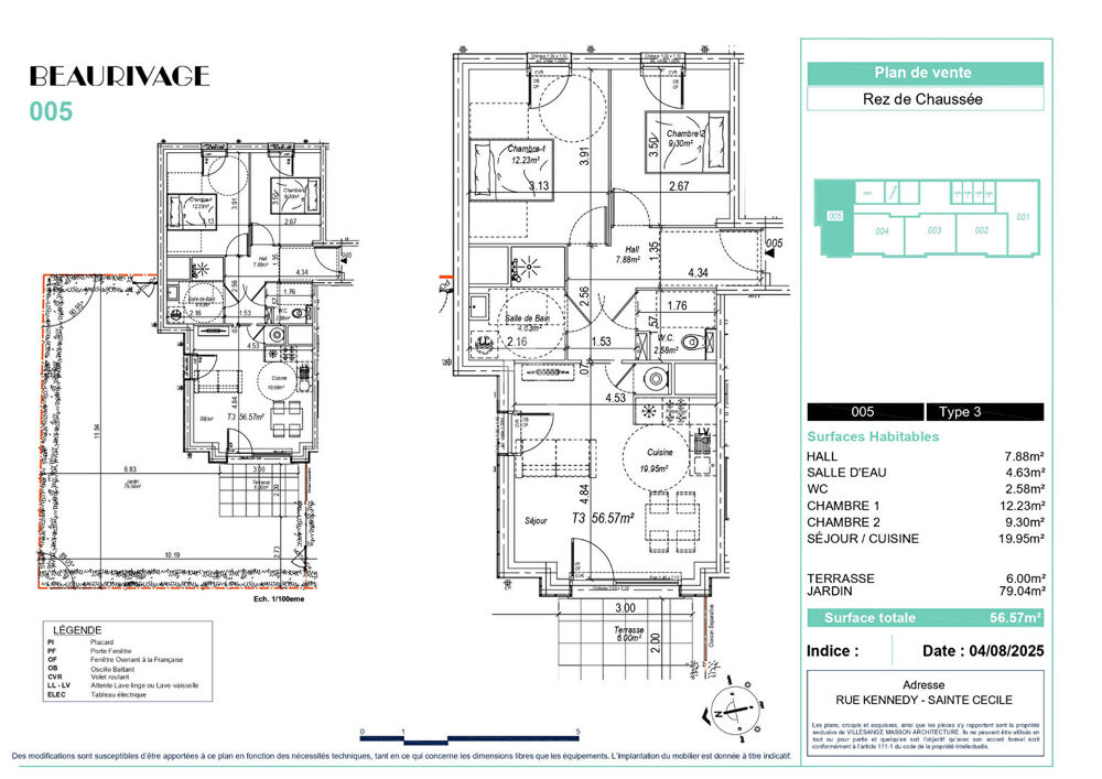 Vente Appartement Appartement Sainte Cecile 3 pièces 56.57 m² jardin privatif 79m² Sainte cecile