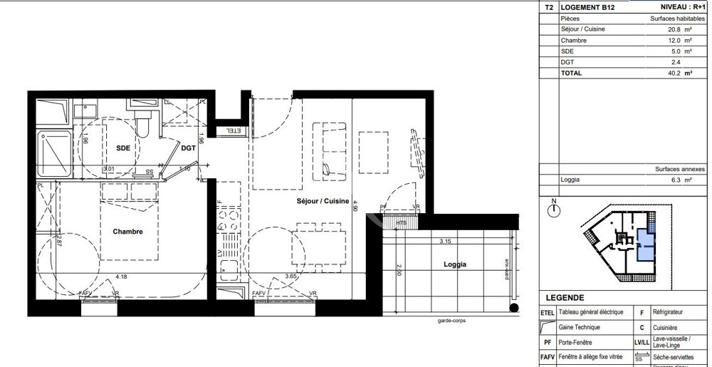 A vendre T2 de 40m² avec loggia- Quartier des Hauts-de-Saint- Aubin