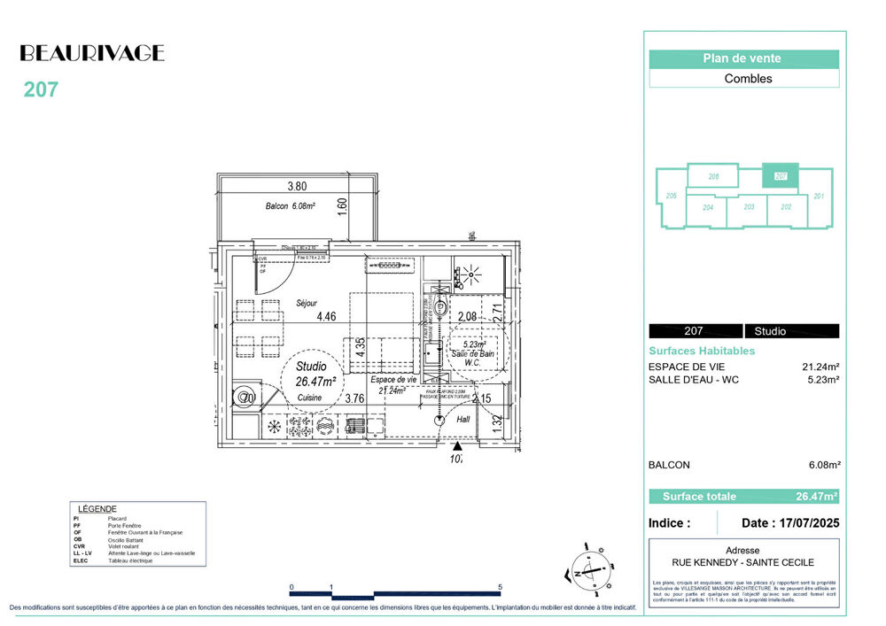 Studio Sainte-Cécile 26.47m² balcon 6m²