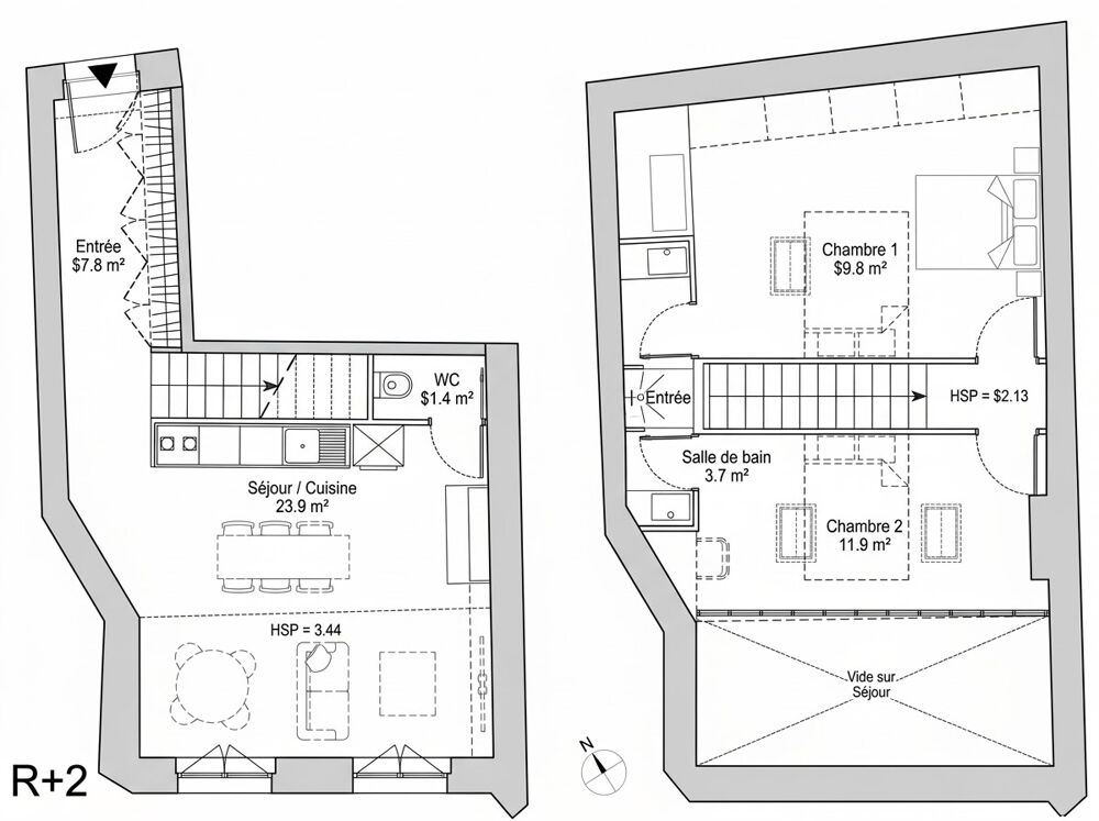 Vente Appartement Au centre de Curis au Mont D'or à 15 min de Lyon appartement en plateau en duplex 3 pièces 2 chambres 63,3 m2  dernière étage av Curis au mont d or