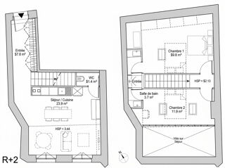Vente Appartement Au centre de Curis au Mont D'or à 15 min de Lyon appartement en plateau en duplex 3 pièces 2 chambres 63,3 m2  dernière étage av Curis au mont d or