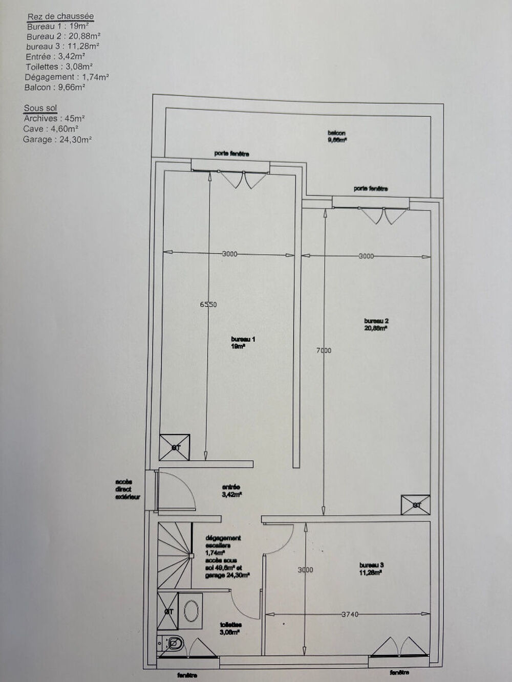   Bureaux  3 pièces 59.40 m2 + s/sol + cave + garage Albertville