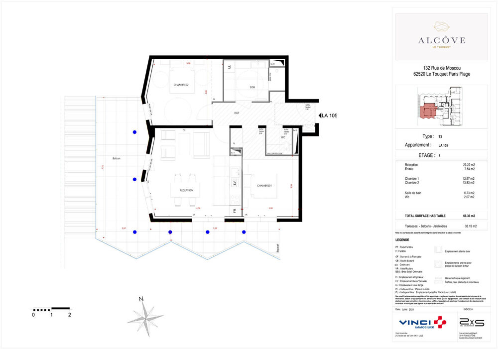 Appartement 3 pièces 66.36 m² + terrasse 33,15 m²