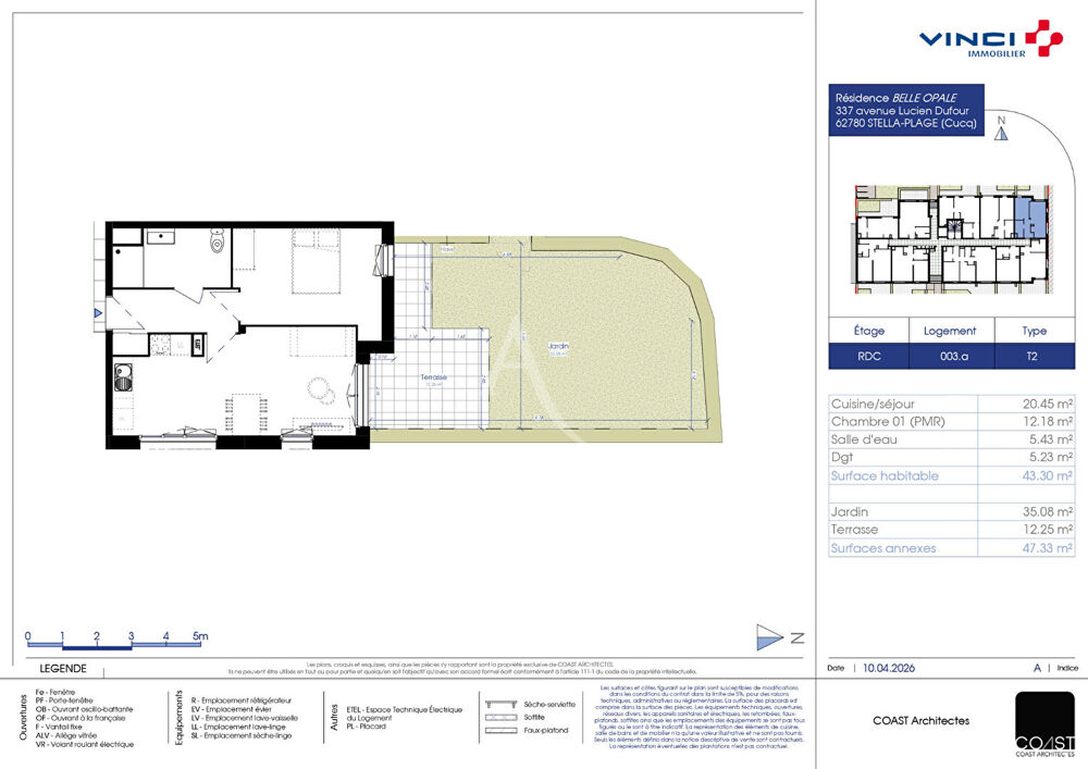 Appartement Stella Plage 2 pièces 43.33m² jardin de privatif de 47m²