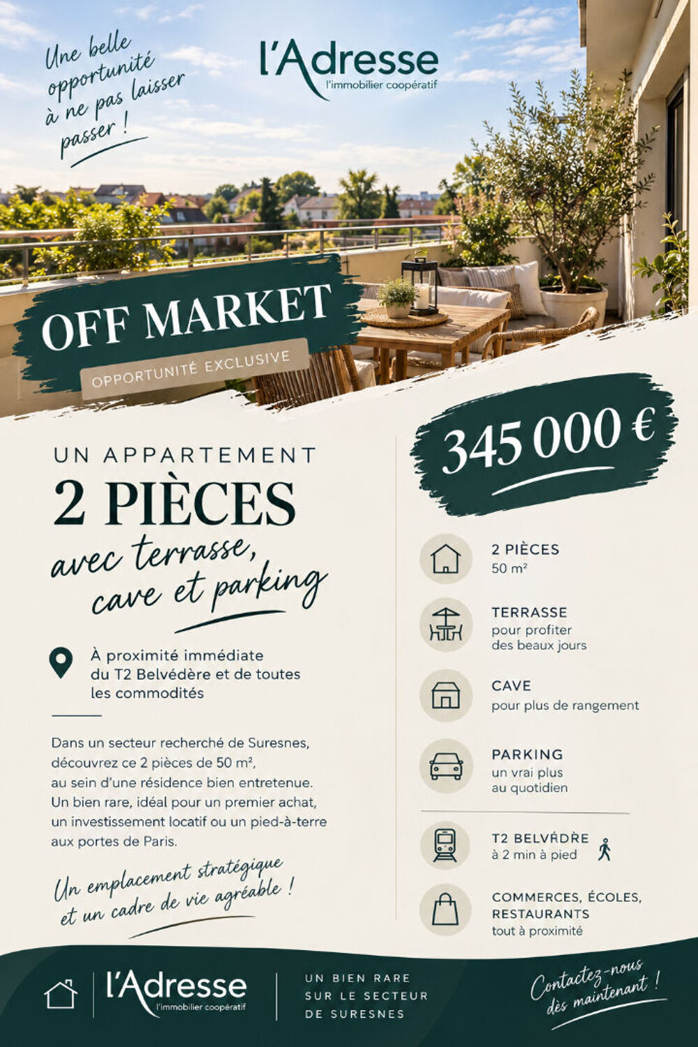Vente Appartement 2 pièces 50m² terrasse cave et parking Suresnes