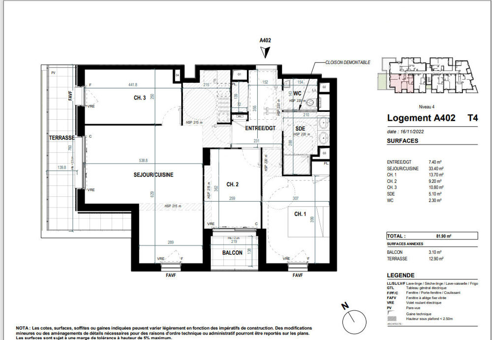 Appartement de type 4 de 81,90m² avec terrasse et balcon dans le centre de St Nazaire