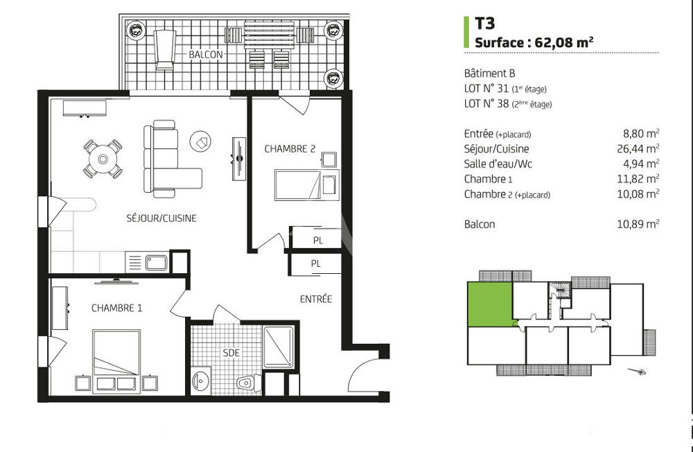 Très bel Appartement de type 3 avec blacon sur Carquefou