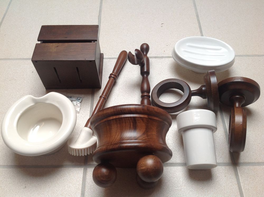 ENSEMBLE ACCESSOIRES SALLE DE BAIN BOIS et FAIENCE Envoi Pos Décoration