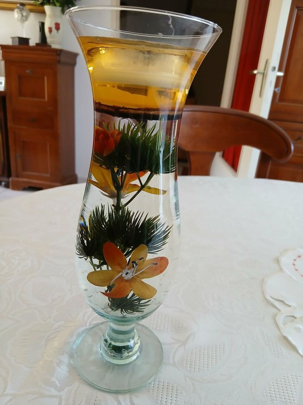 Vase fl&ucirc;te inclusions v&eacute;g&eacute;tales porte bougie N&deg;1452 Décoration
