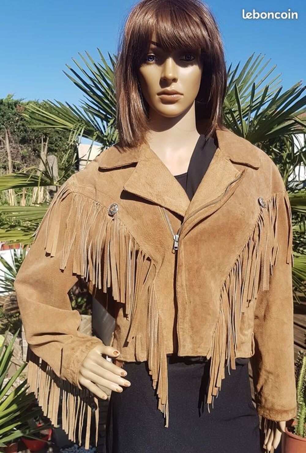 Blouson western &agrave; franges en cuir couleur camel neuf Vêtements