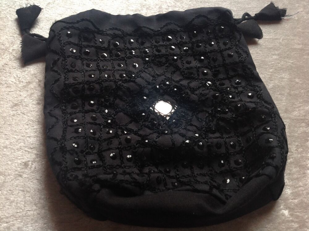 SAC EN TISSU NOIR BROD&Eacute; AVEC STRASS &amp; MIROIRS Envoi Possible Maroquinerie