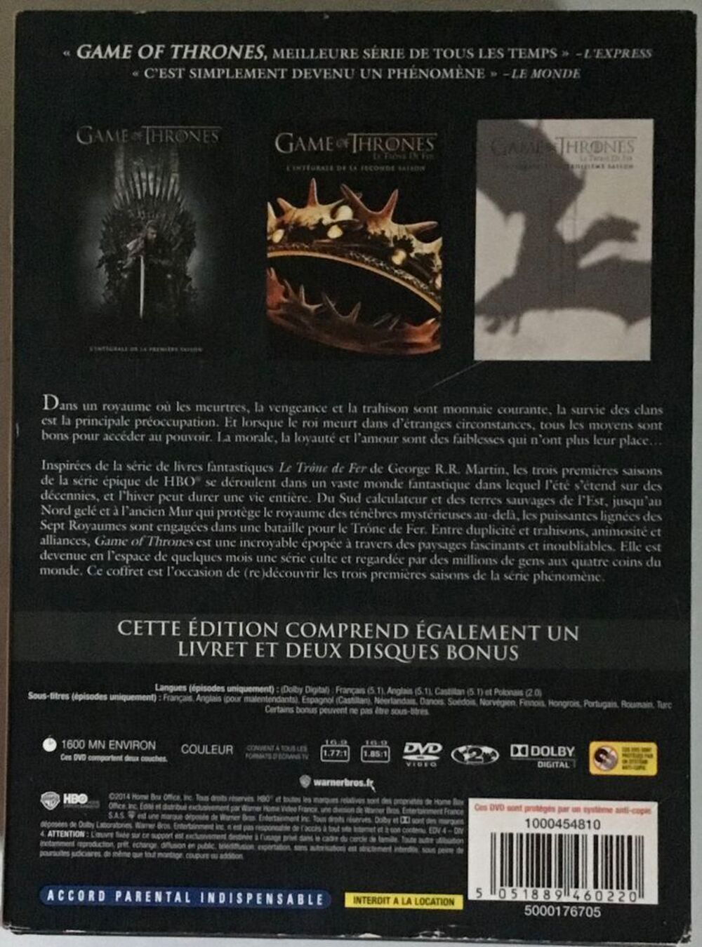 Coffret DVD de l'int&eacute;grale des saisons 1 &agrave; 3 Game of Thrones DVD et blu-ray