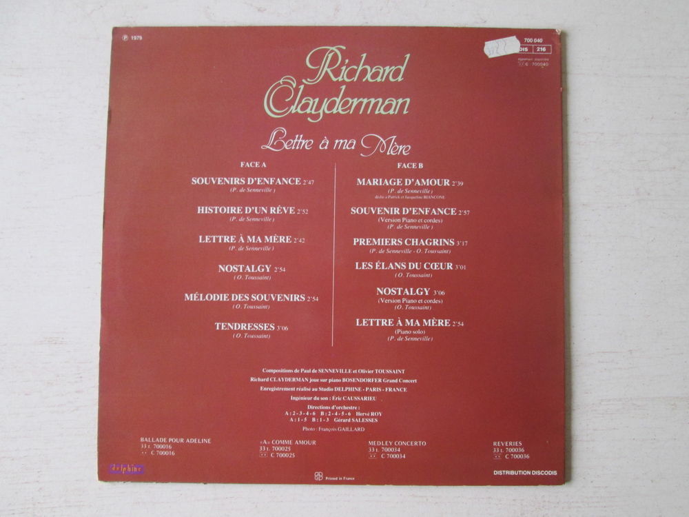 Richard Clayderman Lettre &agrave; ma m&egrave;re CD et vinyles