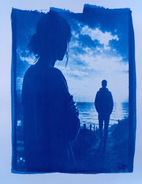 Photographie en Cyanotype, Procédé Photographique 1982,  LE DEPART , 20,8cm/16,5cm, état neuf Paris 20 (75)