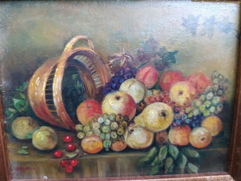 Petit Tableau Nature Morte aux Fruits Panier Renvers&eacute; Dcoration
