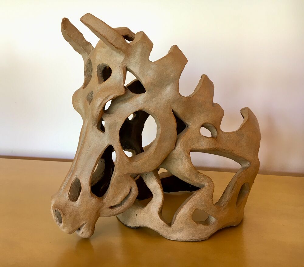 Sculpture de T&ecirc;te de cheval; Pi&egrave;ce unique en terre cuite Décoration