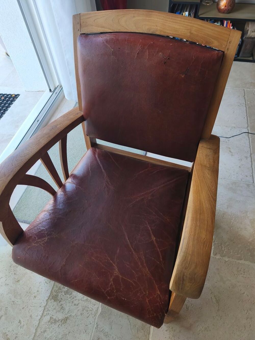 Fauteuil exotique teck et cuir brun Meubles