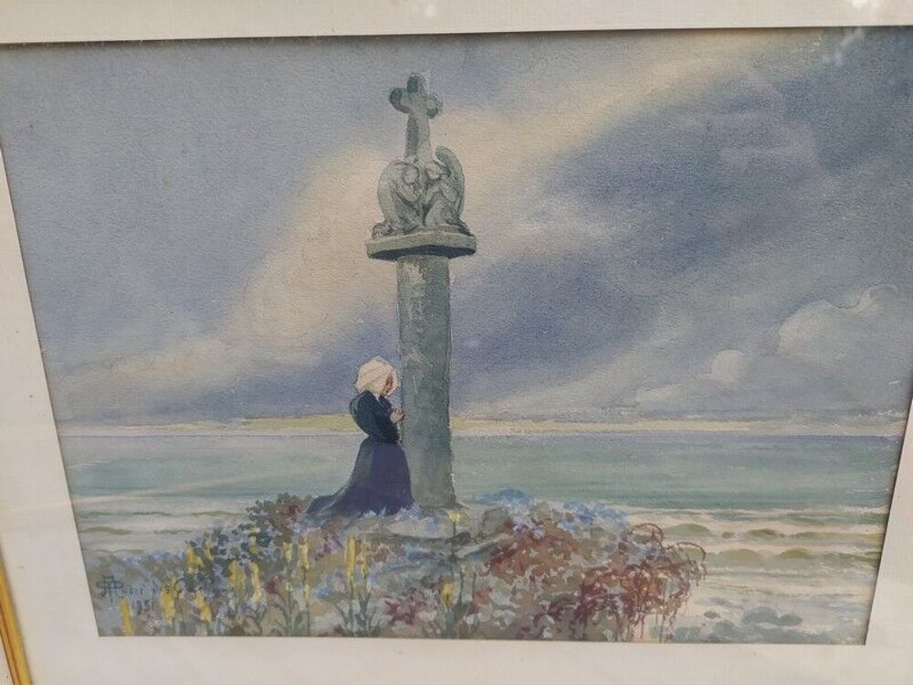 ANDR&Eacute; DES GACHONS Aquarelle Bretagne Religieuse au Calvaire 