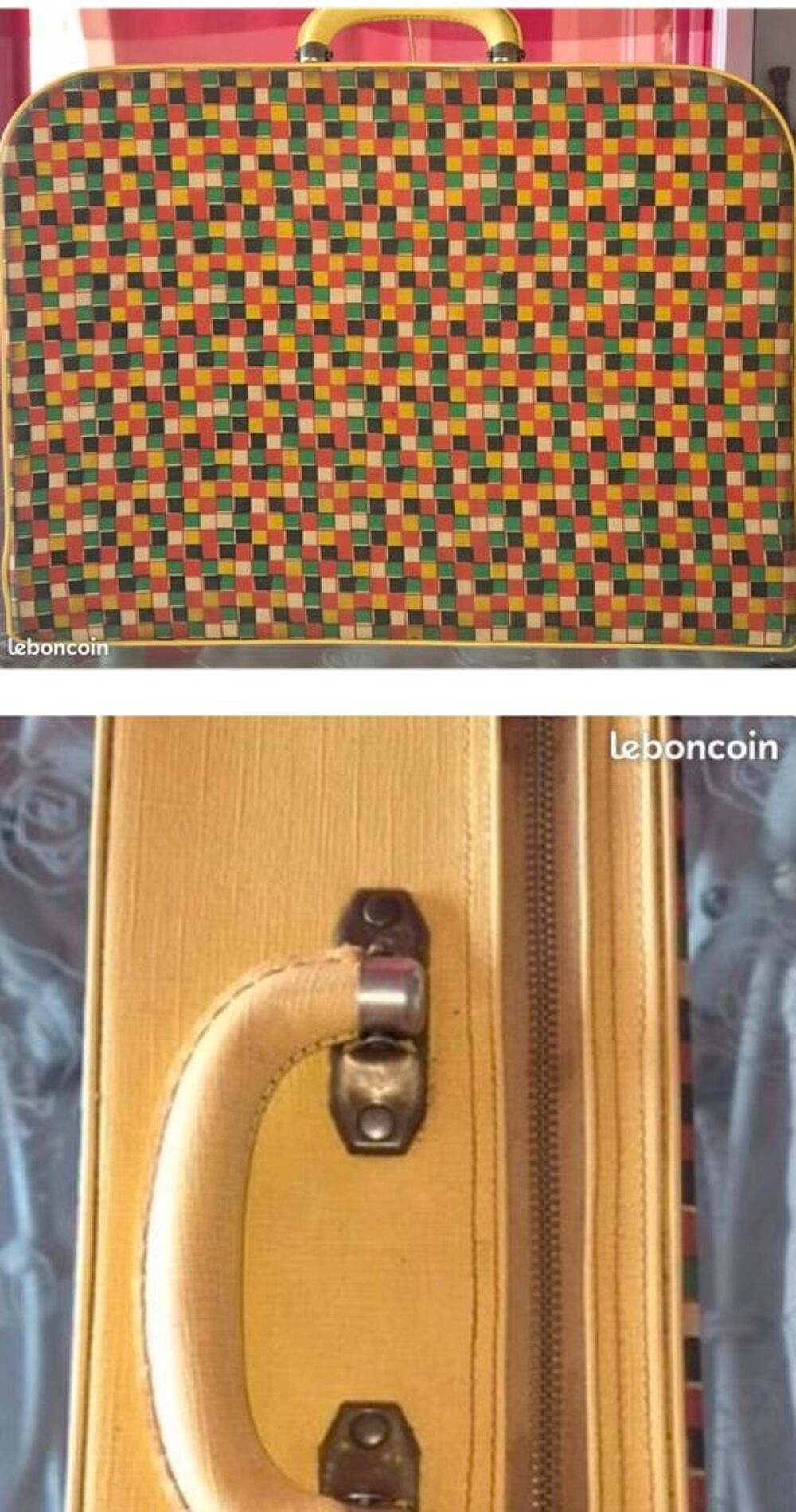 Valise Vintage Ann&eacute;es 50/60 - D&eacute;cor Damier Pop &amp; Ska&iuml; Jaune Maroquinerie