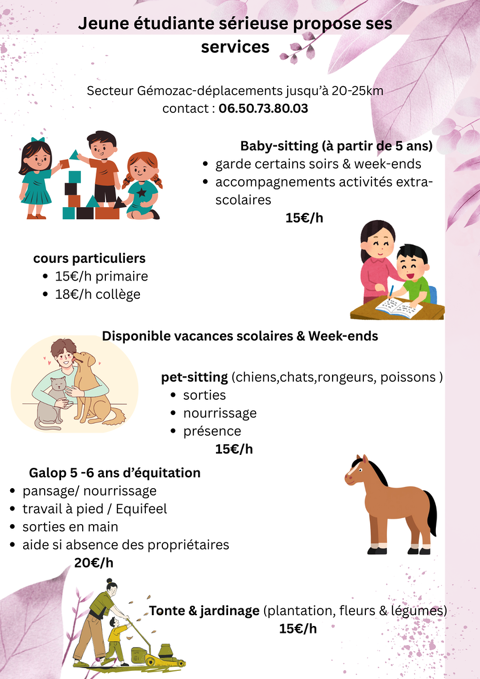 jeune &eacute;tudiante propose services 0 17260 G�mozac