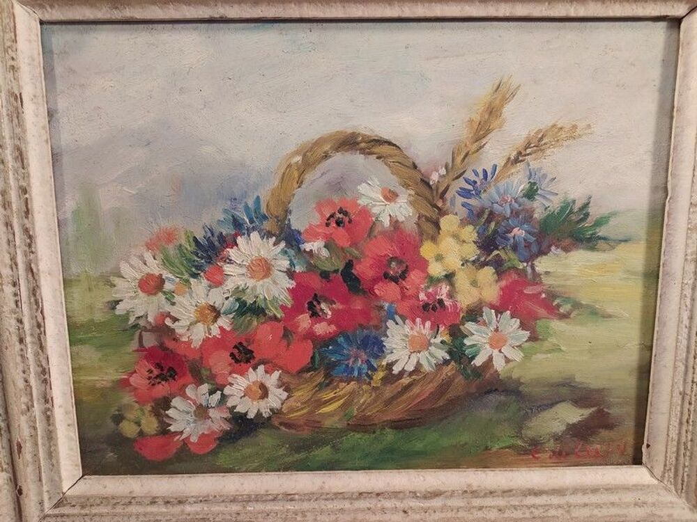 Ancien Tableau Bouquet de Fleurs Printani&egrave;res 
