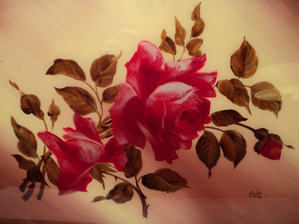 Plateau D&eacute;cor Roses Peinture Fix&eacute; Sous Verre 1930/1940 Décoration