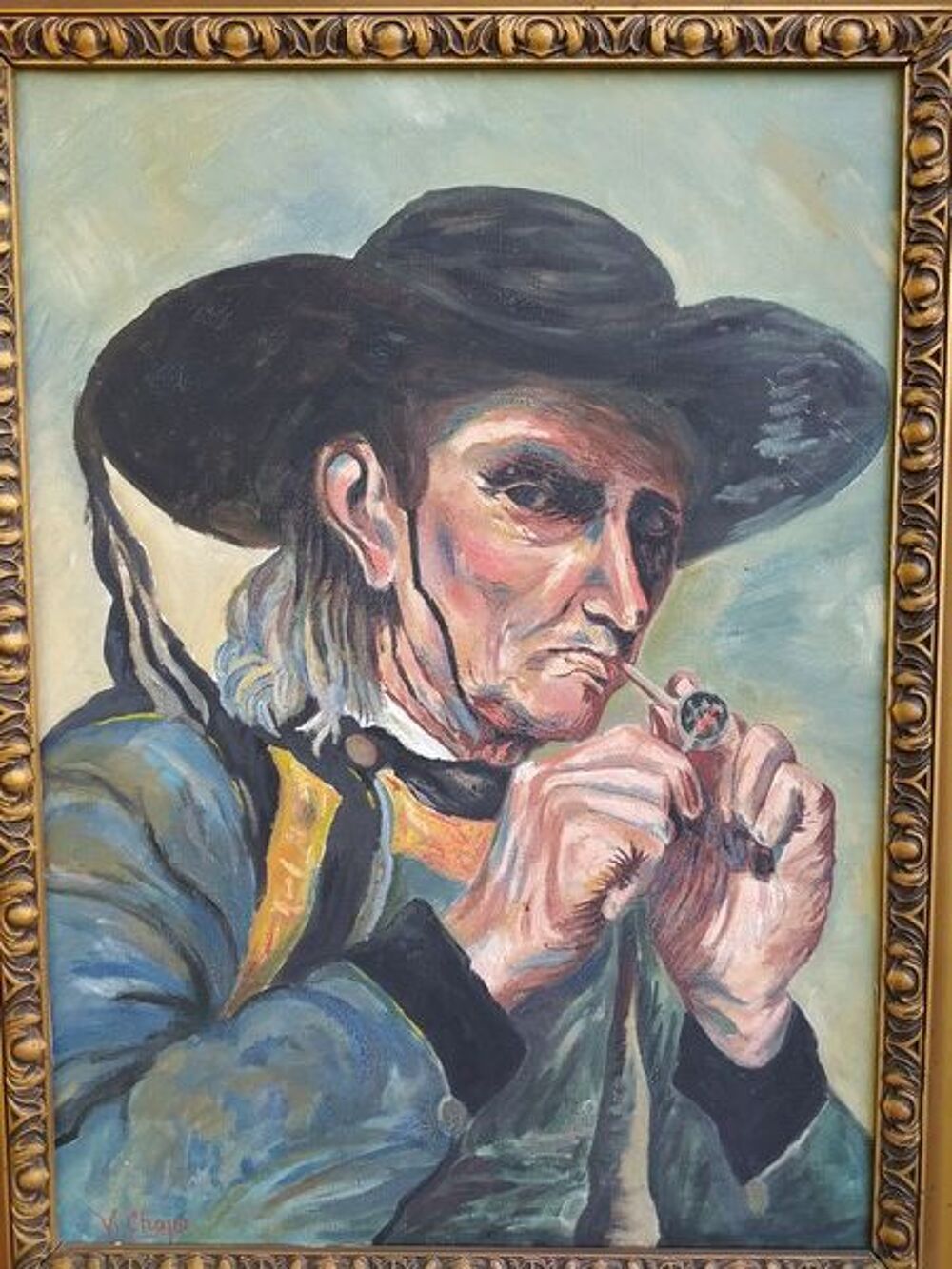 Ancien Tableau Portrait Homme Breton Fumant la Pipe Sign&eacute; Décoration