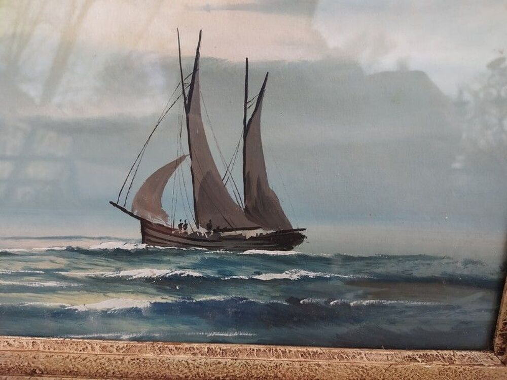 Tableau Dessin Gouache Marine Voiliers Sign&eacute;e 