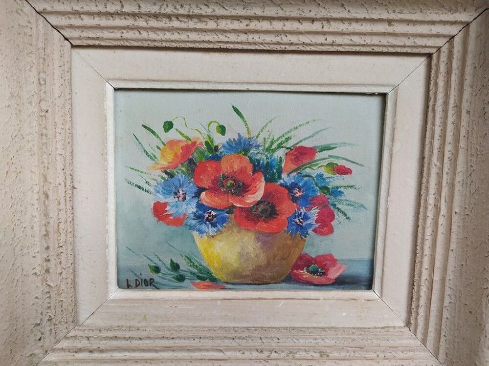 Tableau Bouquet de Fleurs Coquelicots Bleuets Sign&eacute; L. Dior 