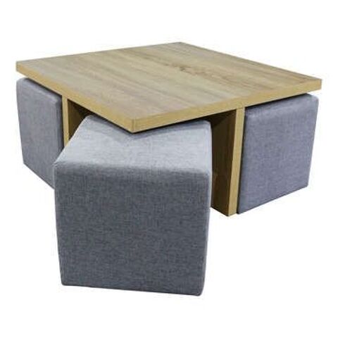 une petite table basse carre en bois avec 4 pouf  de grose  imperfection. sur la table et les pouf de nombreuse griffes de chat vendu dans son tat dimensions  80 sur 80  la hauteur 0;43 50 Sedan (08)